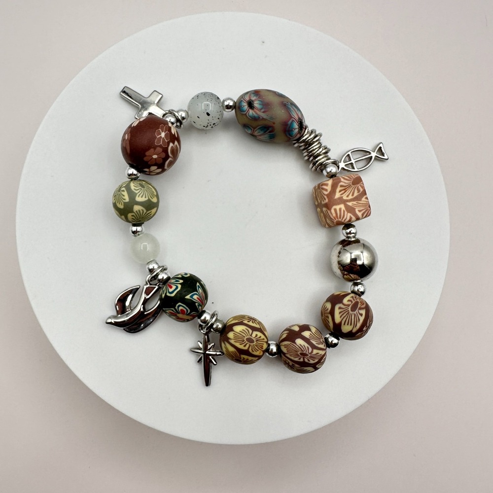 Vintage 90s Millefiori Polymer Clay Bead Religious Charm Bracelet